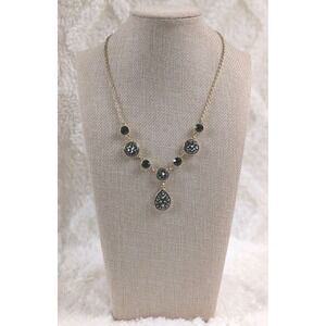 Liz Claiborne Necklace Black Crystal Drop Gold Tone Statement Pendant